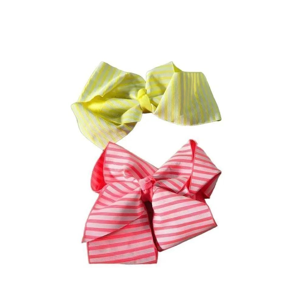 2 stripped bows, 5.5". Florescent yellow and pink